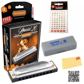 Hohner 560 Special 20 Harmonica - Key of F Bundle with Carrying Case, Key Stickers, Harmonica Beginner Online Manual, and Austin Bazaar Polishing Cloth