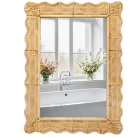 FUIN 22x30 Inch Handcrafted Wicker-Style Wave Frame Bathroom Wall Mirror & Entryway Mirror – Perfect for Bohemian Living Room, Bathroom, and Entryway Decor