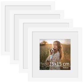 Anhow Set of 4 Picture Frames 15 x 15 cm, PVC Photo Frame Collage Set with Mount for 10 x 10 cm Photos Horizontal or Vertical for Wall Hangings / Table Decoration - White
