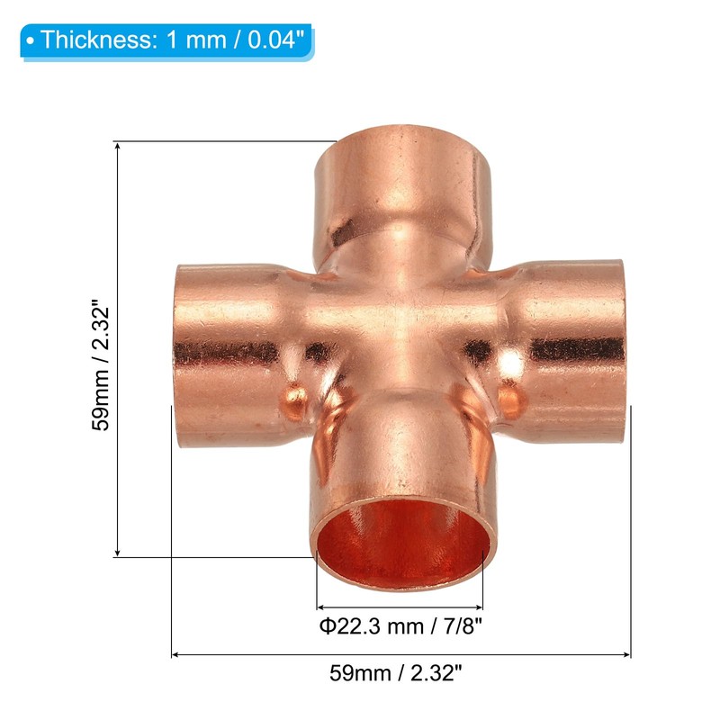 PATIKIL 7/8"(22.3mm) Copper Cross Pipe Fitting, 4 Way Welding Copper