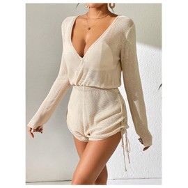 GORGLITTER Women's Crochet Swimsuit Cover Up Wrap V Neck Long Sleeve Drawstring Side Coverup Romper Khaki Small