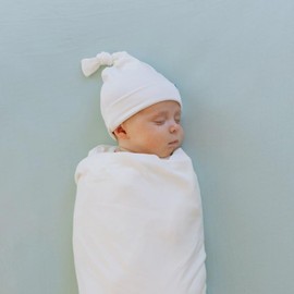 Little Unicorn Stretch Knit Swaddle and Hat Set | Super Soft | Large Baby Blanket for Swaddling, Burping, Nursing | Newborn Infant Beanie Cap | White
