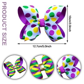 Mardi Gras Hair Bow Clips 5 Inch Purple Gold Green Boutique Ribbon Polkadots Cheer Bow Clip for Women Circus Carnival Hair Accessories Costume Party Headpiece Decor