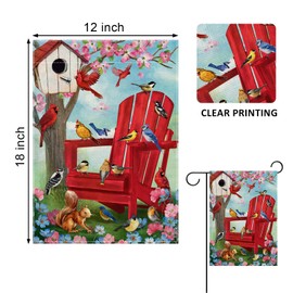 Covido Spring Red Chair Birds Decorative Garden Flag, Cardinal Blue Jay Chickadee Squirrel Birdhouse Flowers Yard Outside Decorations, Summer Farmhouse Outdoor Small Home Decor Double Sided 12 x 18