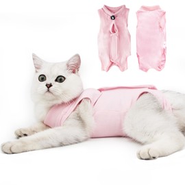 Cat Recovery Suit for Male and Female Surgical Post Surgery Soft Cone Onesie Shirt Clothes Neuter Licking Protective Diapers Outfit Cover Kitten Spay Collar(M, Pink)