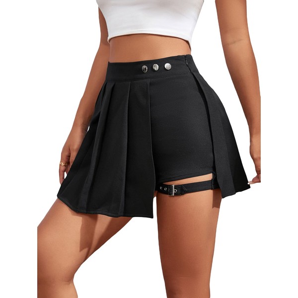 WDIRARA Women's High Waist Pleated Button Skort Asymmetrical Skirt Shorts Black Plain Petite M
