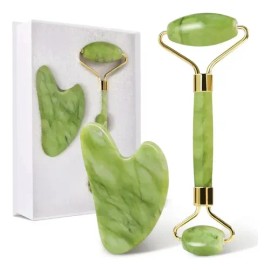 Rodillo Masaje Facial Gua Sha De Jade Antienvejecimiento Kit                                                                                          