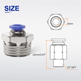 sourcing map Push to Connect Fitting 6mm Tube OD x 1/2" NPT Thread Male Straight Quick Connector Copper Air Line Hose Fittings for Industry Air System PC6-N04, Blue