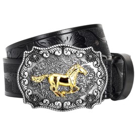 Western-Cowboy Cowgirl Belts for Men Women- PU Leather Floral Pattern Embossed Longhorn Bull Buckle Belts for Jeans