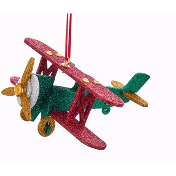 KURT S. ADLER 5.5" WOODEN NORTH POLE PLANE GLITTERED AIRPLANE