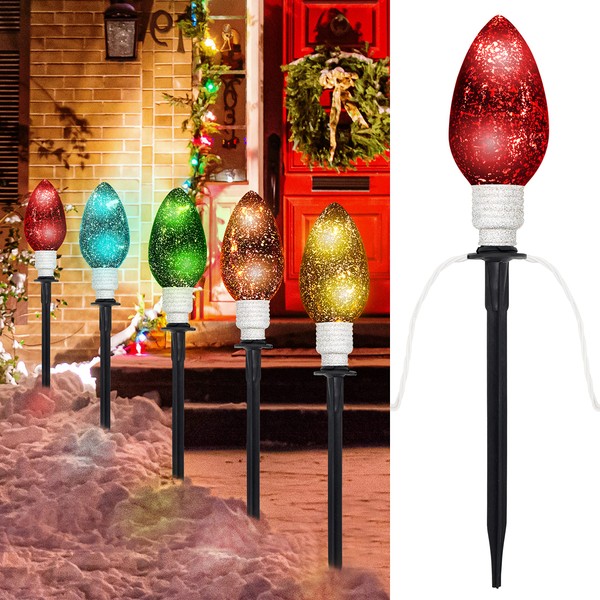 Joiedomi 2 Pack 6.5 Ft Christmas Pathway String Lights with Stakes,Set of 10 Christmas Waterproof Large Bulbs Walkway Lights for Outdoor Holiday Sidewalk Driveway Walkway Christmas Decor
