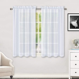 HUTO 2 Panels Small White Sheer Curtains 45 inches Long Rod Pocket Sheer Window Drapes Panels for Kitchen Bathroom