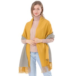 ACNCN 350G Cashmere Scarves for Women Pashmina Double Colors Shawl Wrap Wedding Party Blanket Girls Large Soft Thick Scarves(Yellow Light Grey)