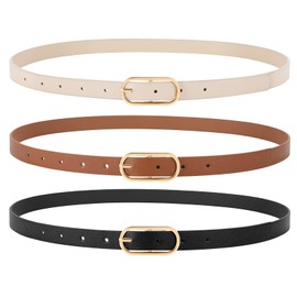 JASGOOD 3 Pack Women Skinny Leather Belt for Dress Pants Jeans Ladies Thin Waist Dress Belts with Shiny Gold Buckle Women(Black+Brown+Beige)