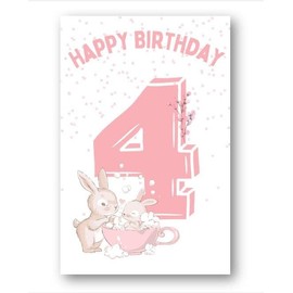 Second Ave 4th Birthday Age 4 Cute Rabbit Pink Baby Girl Children's Kids Happy Birthday Card Greetings Card