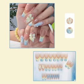 24Pcs Flower French Tip Press on Nails Summer Gradient Coffin Fake Nails Artificial False Nails Full Cover Fake Nail Glue on Nail for Women with Flowers Design Acrylic Nail Daily Wear