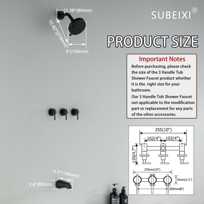 SUBEIXI 3 Handle Tub Shower Faucet Matte Black Tub and
