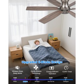 Coolwind 52 Inch Silver Low Profile Ceiling Fan with Light, 6 Speeds 3 Color Temperatures Led Outdoor Ceiling Fans for Bedroom