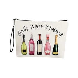 Girls Wine Weekend Makeup Bag, Canvas Cosmetic Pouch with Zipper, Wine Bottle Design