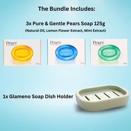 Soap Bar Bundle with 3x Pure & Gentle Pears Soap 125g (Natural Oil, Lemon Flower Extract, Mint Extract) Transparent Soap and 1x Glameno Soap Bar Holder