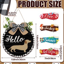 Glenmal 16 Pcs Seasonal Interchangeable Dachshund Door Welcome Sign Cute Wooden Dog Welcome Sign for Front Door Rustic Replaceable Home Porch Sign for Fall Autumn Christmas(Black with Plaid Frame)