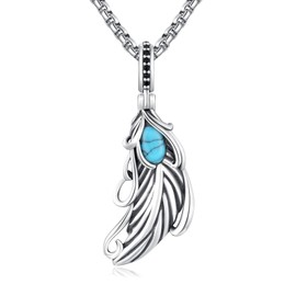 KATHLU Feather Necklace for Men Women 925 Sterling Silver Feather Pendant Turquoise Feather Jewelry with Stainless Steel Link Chain, Sterling Silver, Turquoise