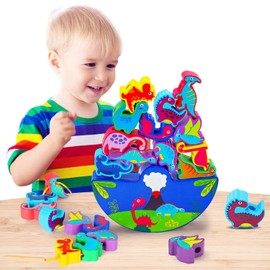 Dinosaur Wooden Blocks Stacking Lacing Toys for 2 Year Old Boy Toddler Activities Ages 2-4 STEM Educational Montessori Toys for 3 4 5 6 7 Year Old Boys Girls