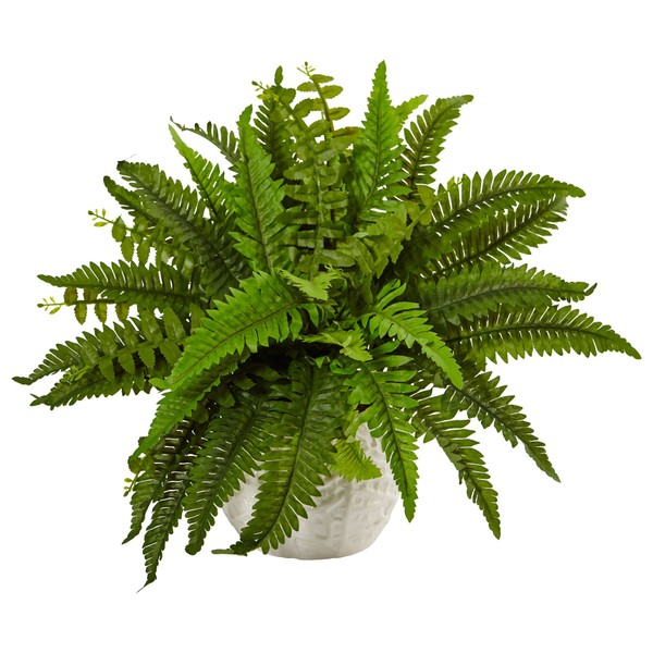 Nearly Natural 6308 Boston Fern in White Planter Artificial Plant, Green