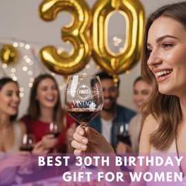 Vintage Engraved Wine Glass - 30th Birthday Gifts for Her, 30 Year Old Women Gift, 30 Woman Wine Glass, Turning Thirty Present, 30th Birthday Gifts Ideas for Daughter, Wife, Sister, Ladies