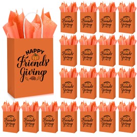 Cholemy 25 Sets Thanksgiving Gift Bags Thanksgiving Party Favor Friend Thanksgiving Treat Bags with Tissue Paper Fall Gift Candy Wrap Bags with Handles for Friend Guests, 5.9 x 3.15 x 8.27 Inch
