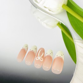 BQZQPAMZ 30Pcs White French Tip Press on Nails Bow Round Medium Length False Nails With 3D Pearls Spring Glue on Nails Acrylic Nail Art Supplies for Women DIY Spring Manicure