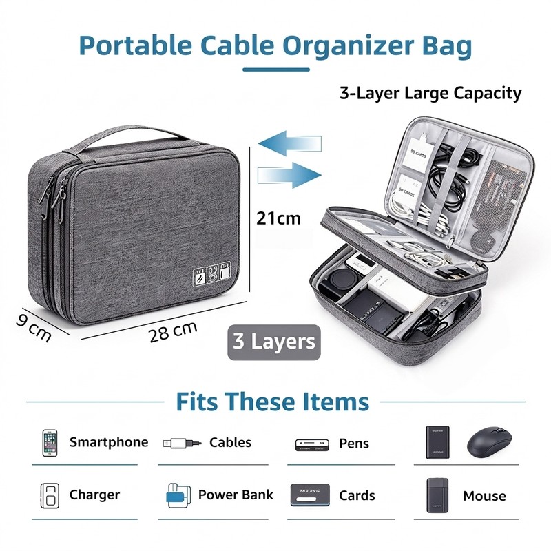 Waterproof Electronic Organizer Bag for Travel –3-Layer Large Capacity Canvas