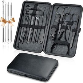 Set de Manicura 22 en 1, Set de Manicura de Acero Inoxidable, Set Profesional de Manicura y Pedicura, Set de Cuidado de Uñas con Estuche de Cuero, Set Portátil de Viaje para Casa（Negro)