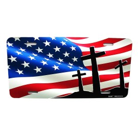 DIGIART INTERNATIONAL THREE CROSSES AMERICAN FLAG METAL CAR LICENSE PLATE. JESUS,HOLY CROSS,RELIGIOU
