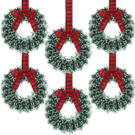 Capoda 6 Pcs Christmas Wreaths with Bow 10.24 Inch Buffalo Plaid Tinsel Wreaths Crafts Kitchen Wreaths for Front Door Outdoor Cabinet Home Window Wall Xmas Wreath Hanging Decorations (Red and Black)
