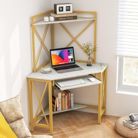 Tangkula Corner Desk with Hutch & Charging Station, Space-Saving Computer Desk with Shelves & Keyboard Tray, Triangle Home Office Desk with Metal Frame, Corner Desk for Small Space