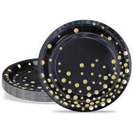 ZVK Gold Party Paper Plates Set, Pack of 24 Black 23cm Dinner Plates Disposable Tableware for Weddings, Bridal Shower, Graduations, Anniversary