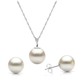 14K White Gold 7-7.5mm Genuine Freshwater Cultured White Pearl Stud Earrings and Pendant Necklace Set, 18"