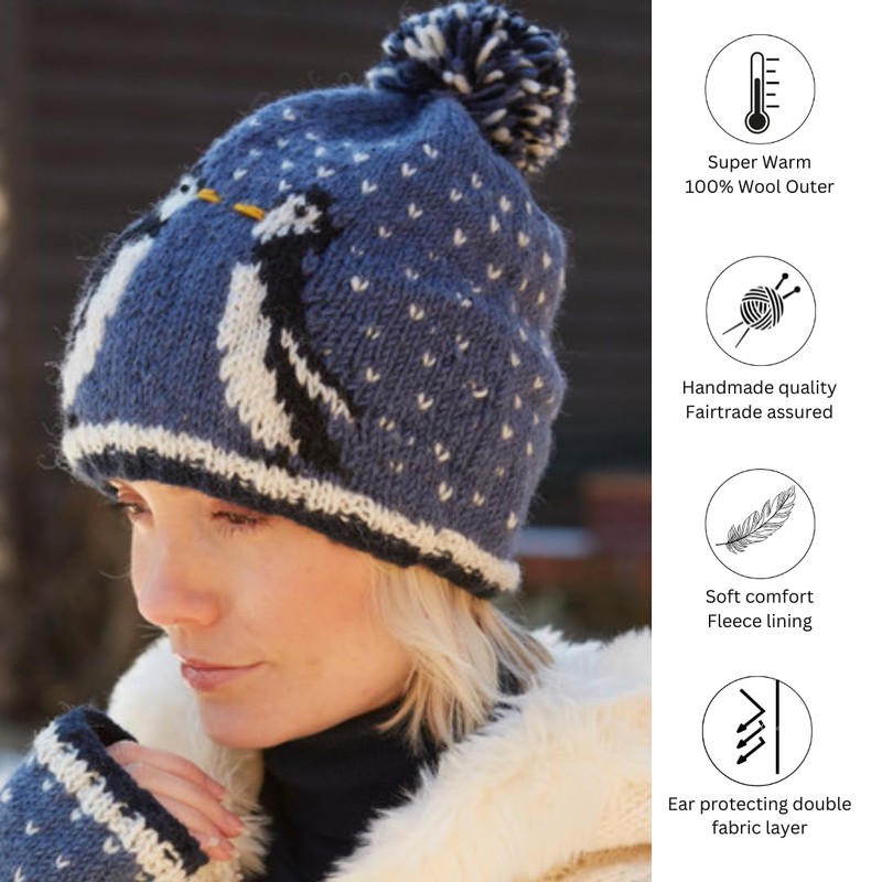 Pachamama Women Wool Bobble Beanie Hat Handknitted Penguin Design Multicoloured