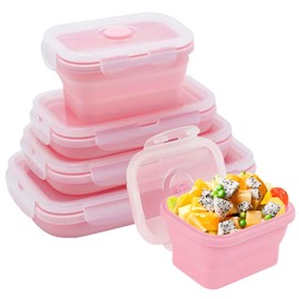Recipientes de Silicona Portátil, Juego de 4 Plegables de Almacenamiento de Alimentos, Recipientes Herméticos para almuerzo con Tapas, Adecuado para microondas y refrigeradores (Rosa)