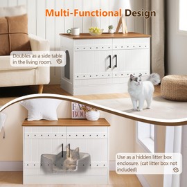 MAHANCRIS Cat Litter Box Enclosure, Hidden Litter Box Furniture with 2 Entrances, Wooden Cat Washroom, Farmhouse Indoor Cats House, End Table, 31.5" L x 19.7" W x 21.7" H, White and Walnut CWBZ3101