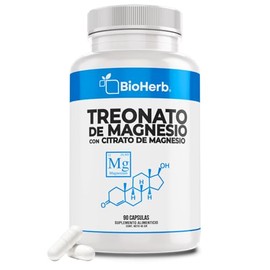 BioHerb® | L-Treonato de Magnesio + Citrato de Magnesio Al 12% Mag Elemental de Maxima Absorcion con 90 Cápsulas (Para 90 Días) Memoria, Enfoque y Cla