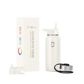 IRON °FLASK Camping & Hiking Hydration Flask, Wide Mouth, 3 Straw Lids, Stainless Steel Outdoor Water Bottle, Double Walled, Insulated Thermos, Metal Canteen - Cashmere Cream, 32 Oz