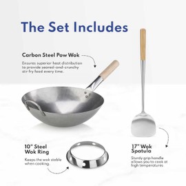 New Star Foodservice Carbon Steel Wok Set - 14" Round Bottom, Hand Hammered With Wood and Steel Helper Handle, Includes Rack/Ring and Spatula (Hand Wash Recommended)