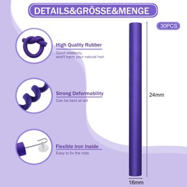 Locken Ohne Hitze Lockenwickler, 30 Stück Flexible Lockenstab 250mm mit Durchmesser ø16mm, Twist Schaum Lockenwickler, Overnight Curls Langes Haar Frisur Design(Violett)