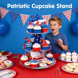 Patriotic Cupcake Stand,3 Tier July 4th Party Decorations,Red and Blue Star Theme Cupcake Holder,Dessert Decorations Stand for May Day,Memorial Day,Flag Day,Juneteenth,Independence Day,4th of July Party Supplies