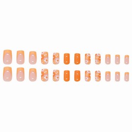 MISUD Press on Nails - Short Square Fake Nails with Orange Flower, Acrylic French Tip Design 24 pcs