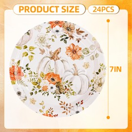 Elyxio 24Pcs Pumpkin Floral Paper Plates Fall Disposable Dessert Plates Autumn White and Brown Floral Pumpkins 7" Plate for Thanksgiving Harvest Birthday Baby Shower Wedding Party Supplies