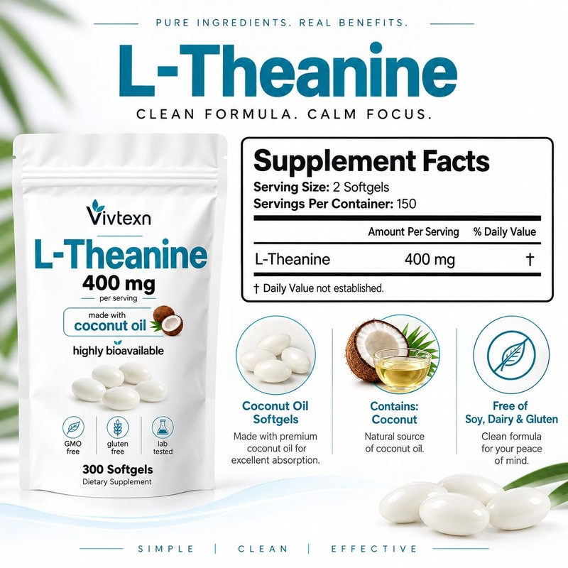L-Theanine 400mg Supplement, 300 Softgels, L Theanine Softgels for Calm