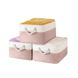 LordCom Storage Bins with Sturdy Cotton Handles(3 Pack), Fabric Storage Baskets for Organizing use for Office & Home, Book, Clothes, Toys, Closet Boxes (Large, Pink-White, 15.7x11.8x7.9 inches)